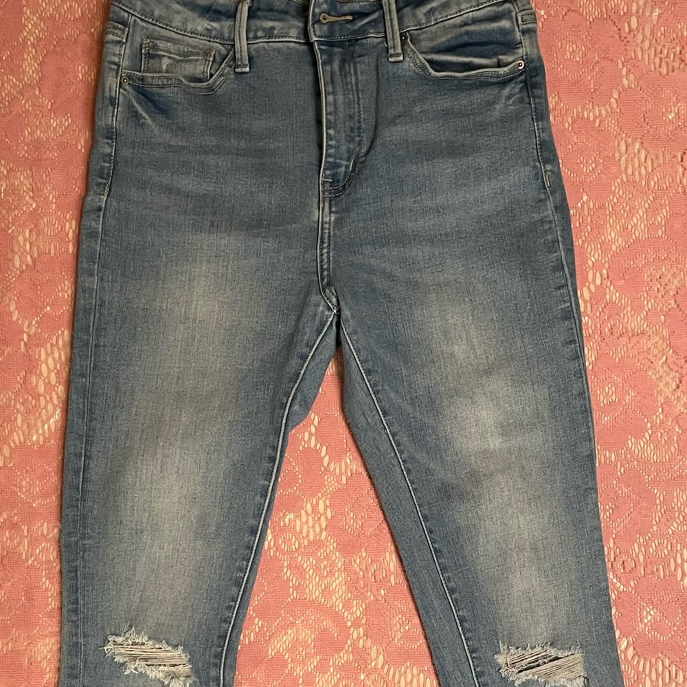 Simple Society Jeans, Size 7/28, Light Wash, Ripped Knees, Frayed Ends